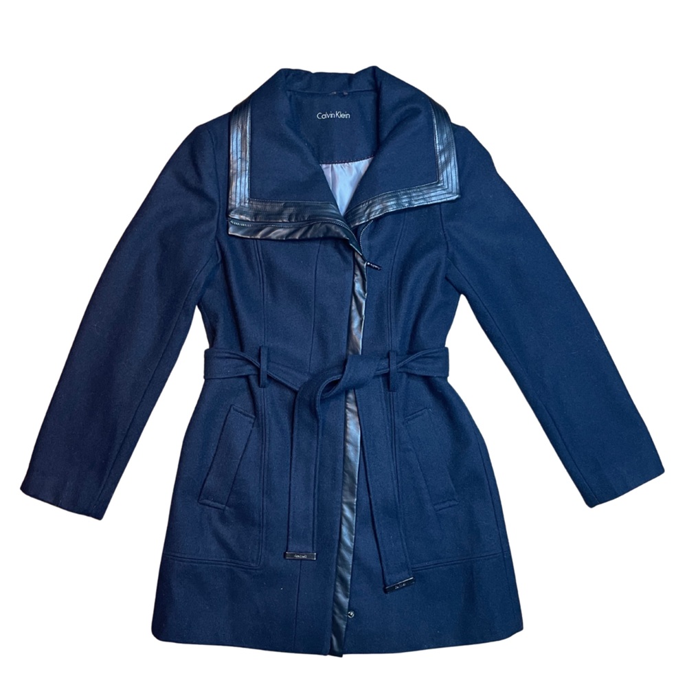 Calvin Klein EUC Wool Navy With Faux Leather Trim Outerwear